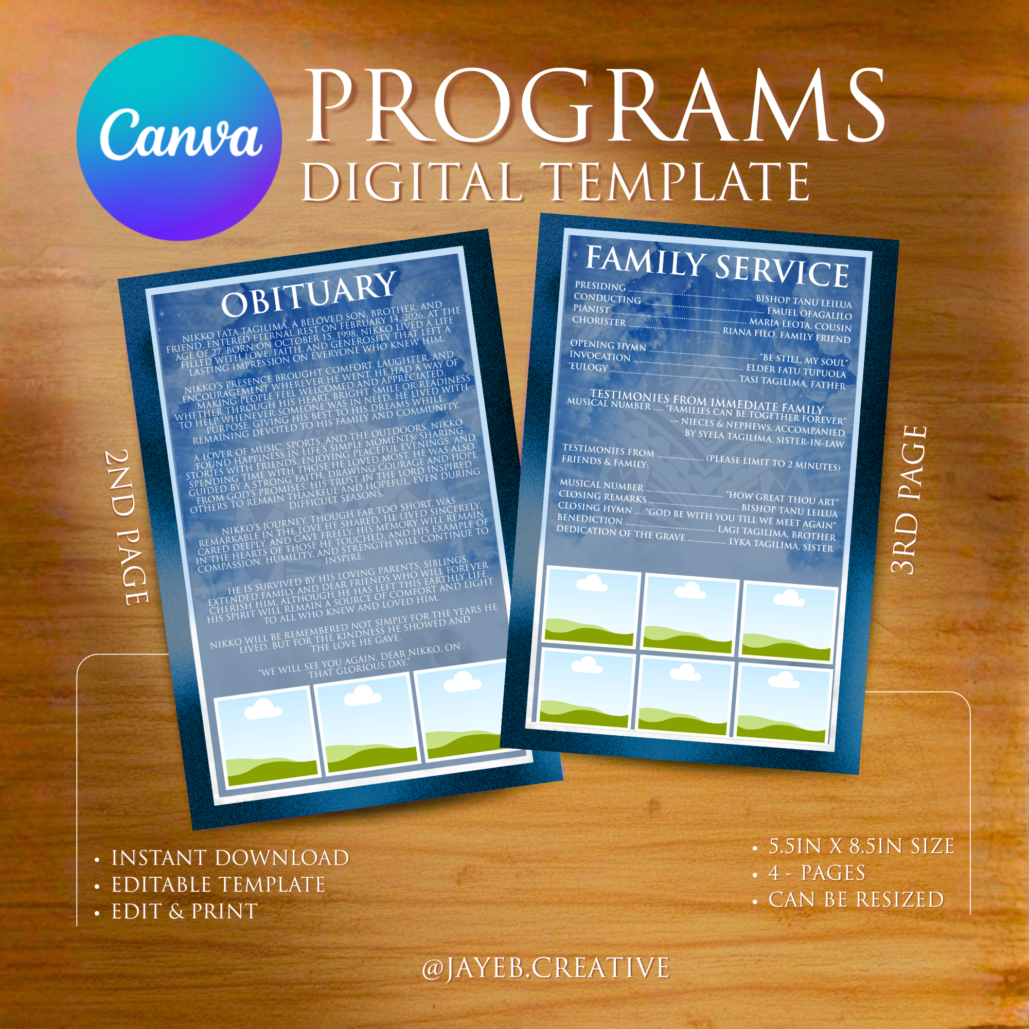 Funeral Program Template – Royal Blue Tribal Design | 4-Page Half-Size Canva Editable