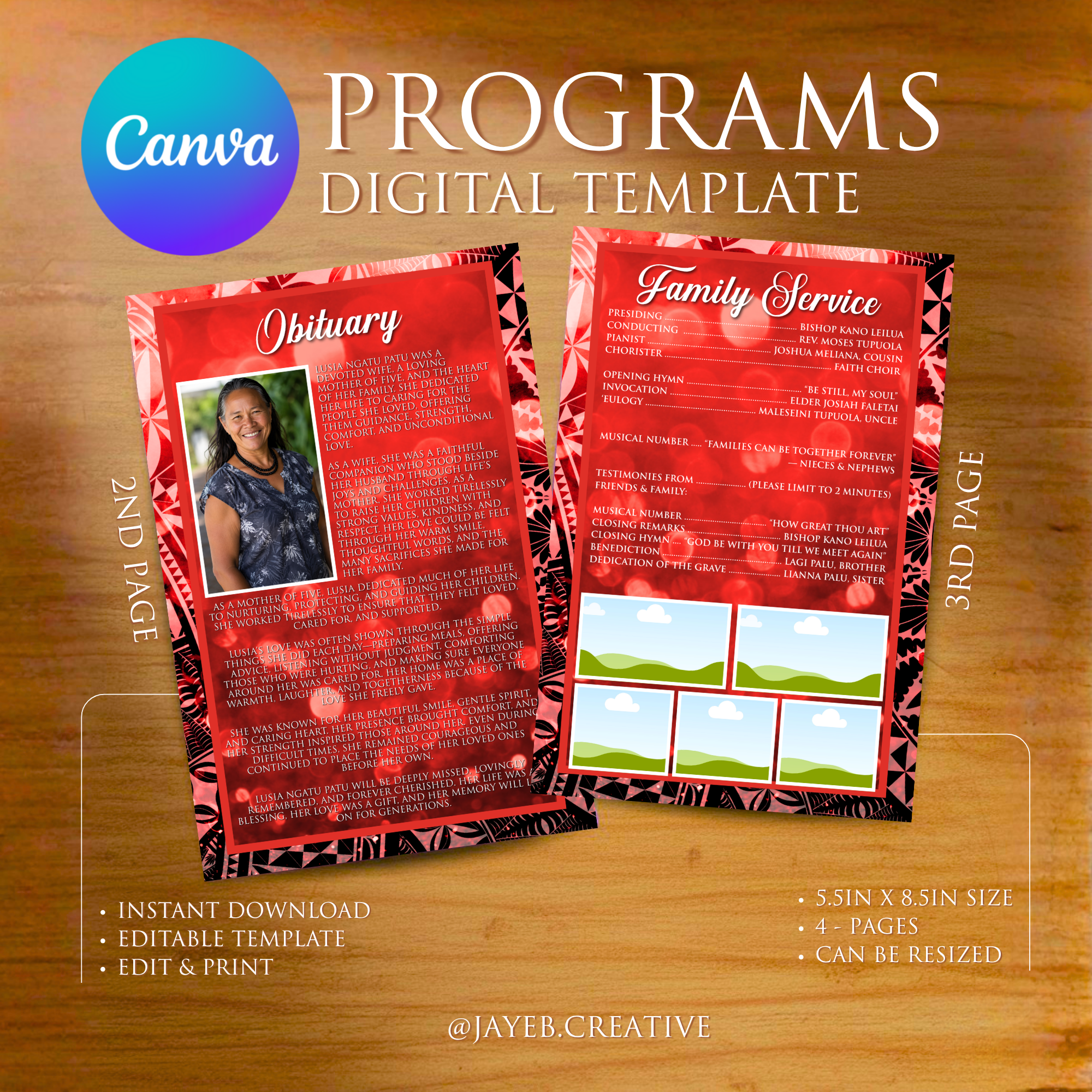 Title: Funeral Program Template – Red Tribal | 4-Page Half-Size Canva Editable
