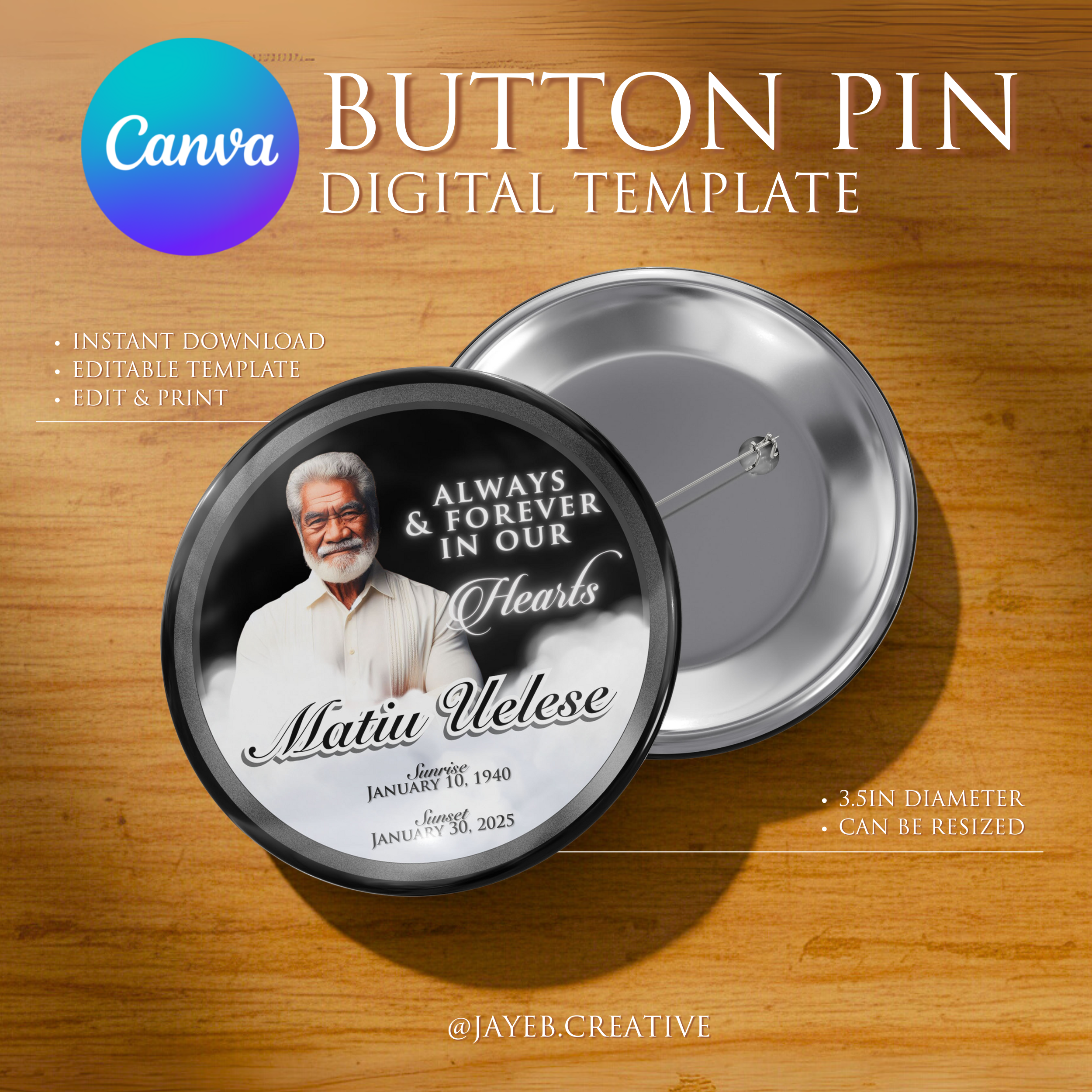 Memorial Button Template – Elegant Black Design | Canva Digital Download