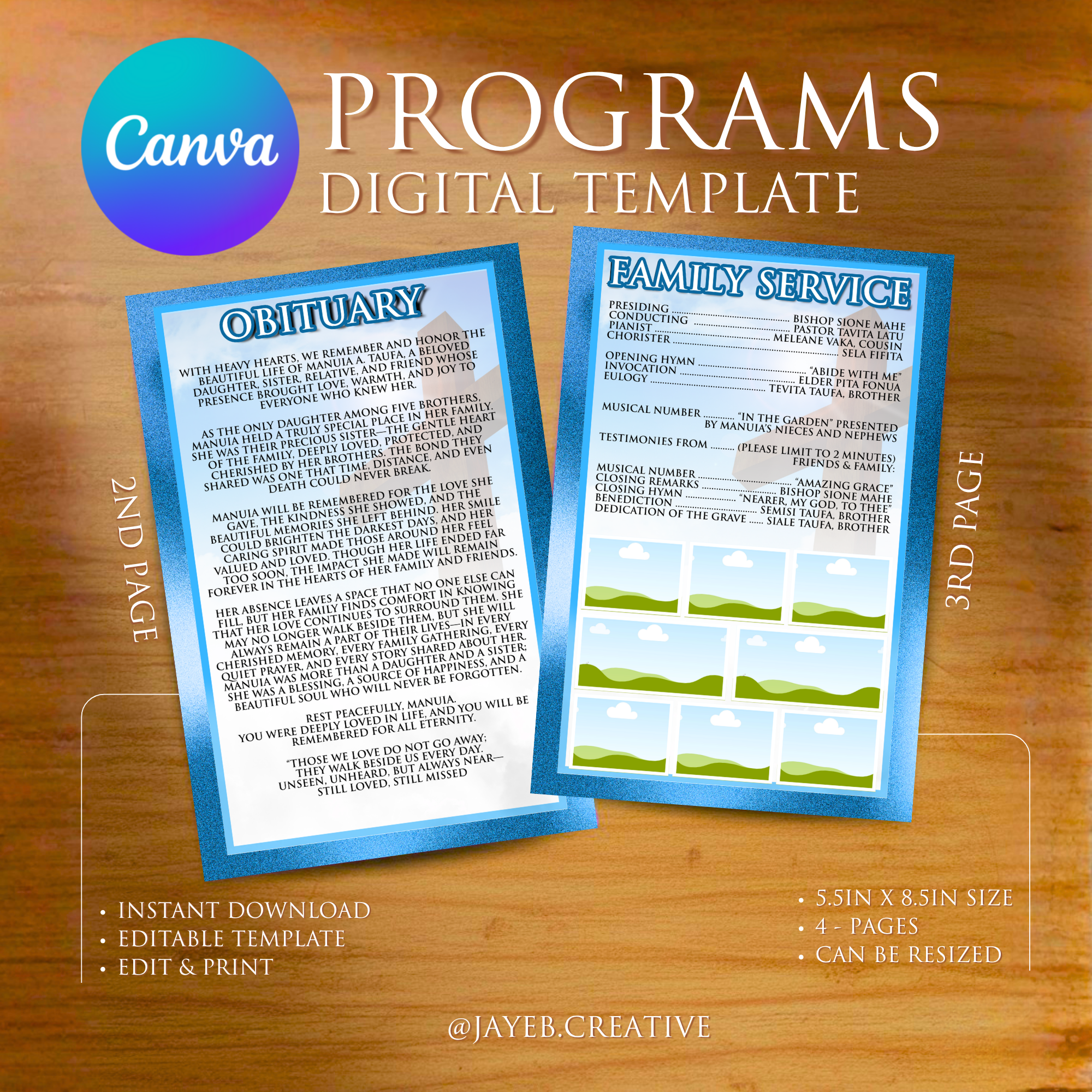 Funeral Program Template – Sky Blue Cross | 4-Page Half-Size Canva Editable