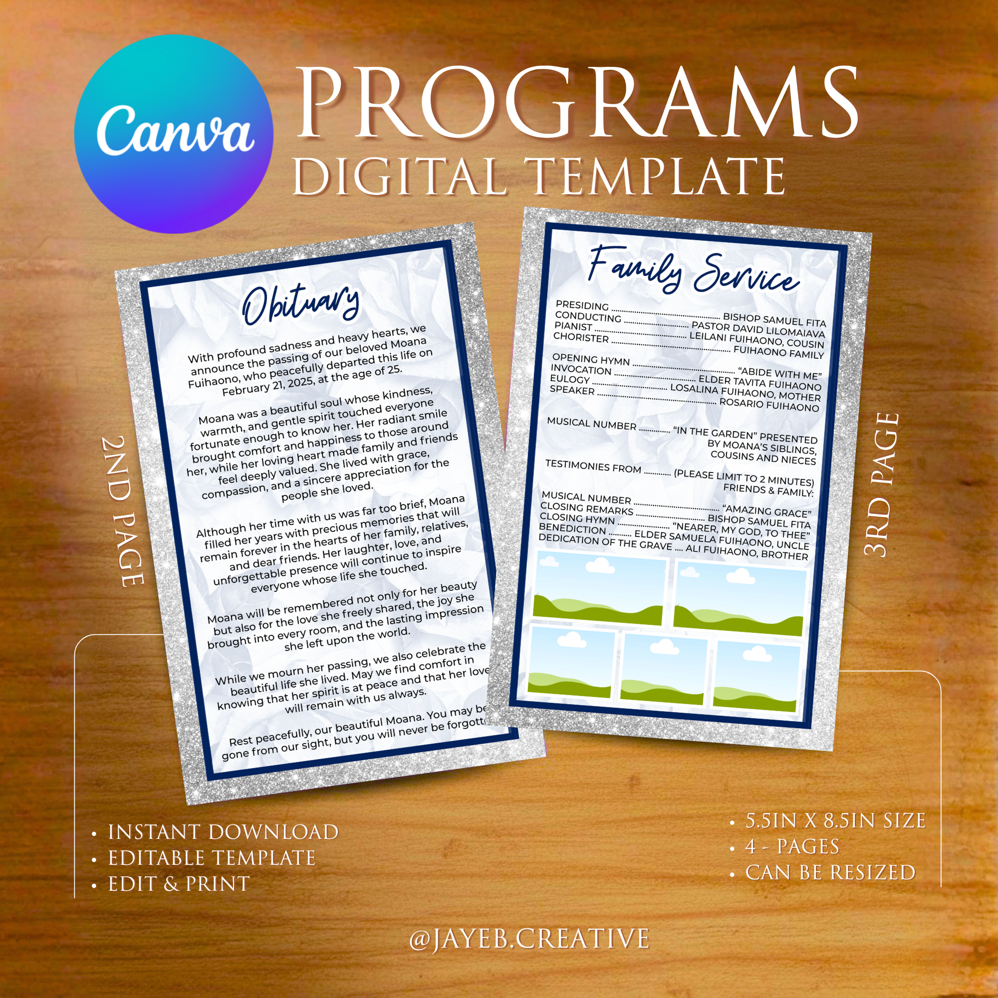 Funeral Program Template – Blue Floral Cloud Design | 4-Page Half-Size Canva Editable