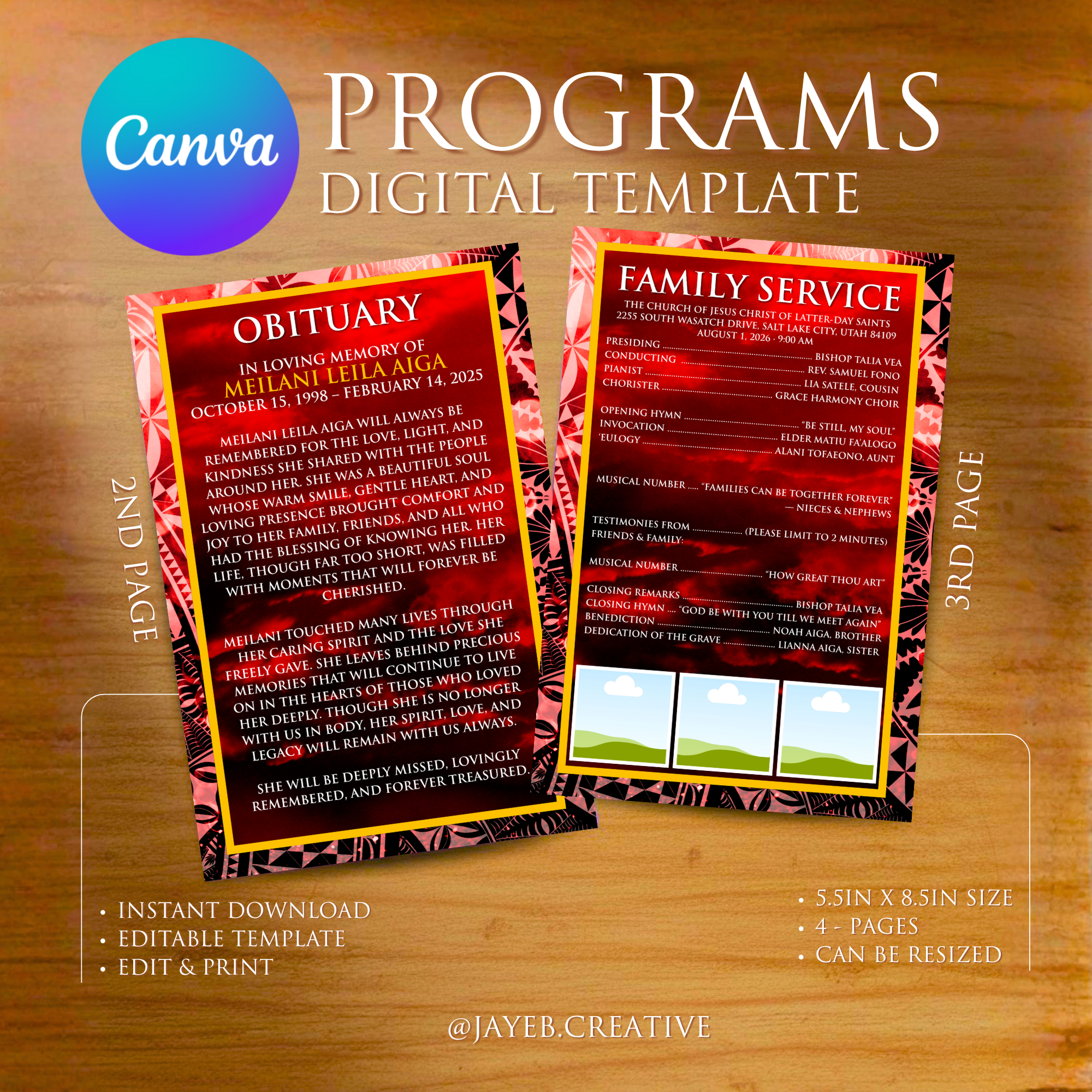 Funeral Program Template – Red/Gold Tribal Design | 4-Page Half-Size Canva Editable