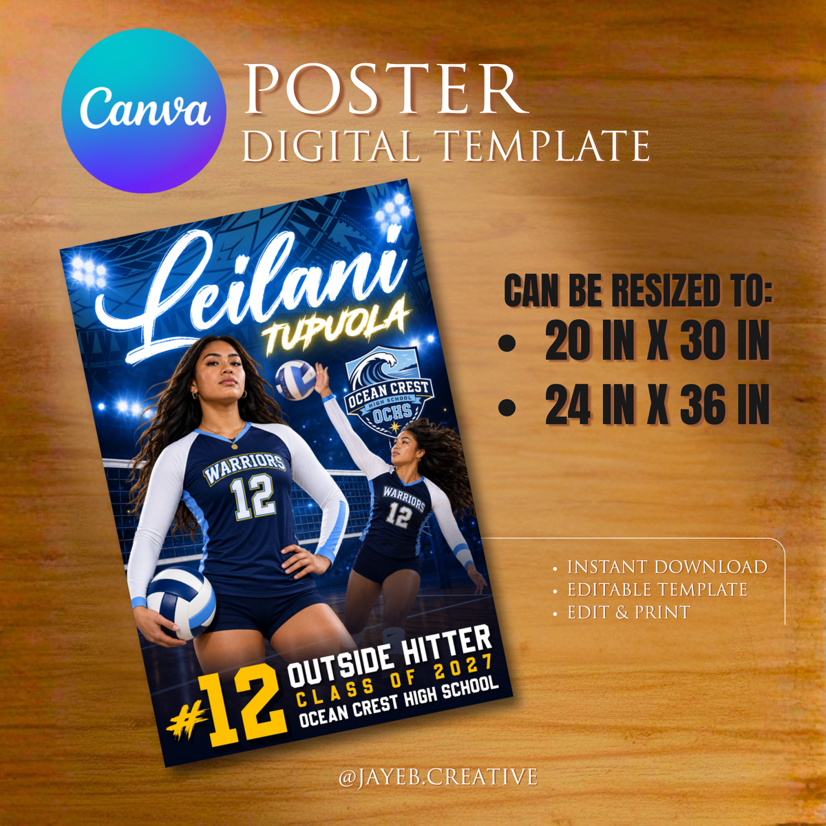 Senior Night Sports Poster -  Volleyball Blue Tribal 20in x 30in Canva Editable