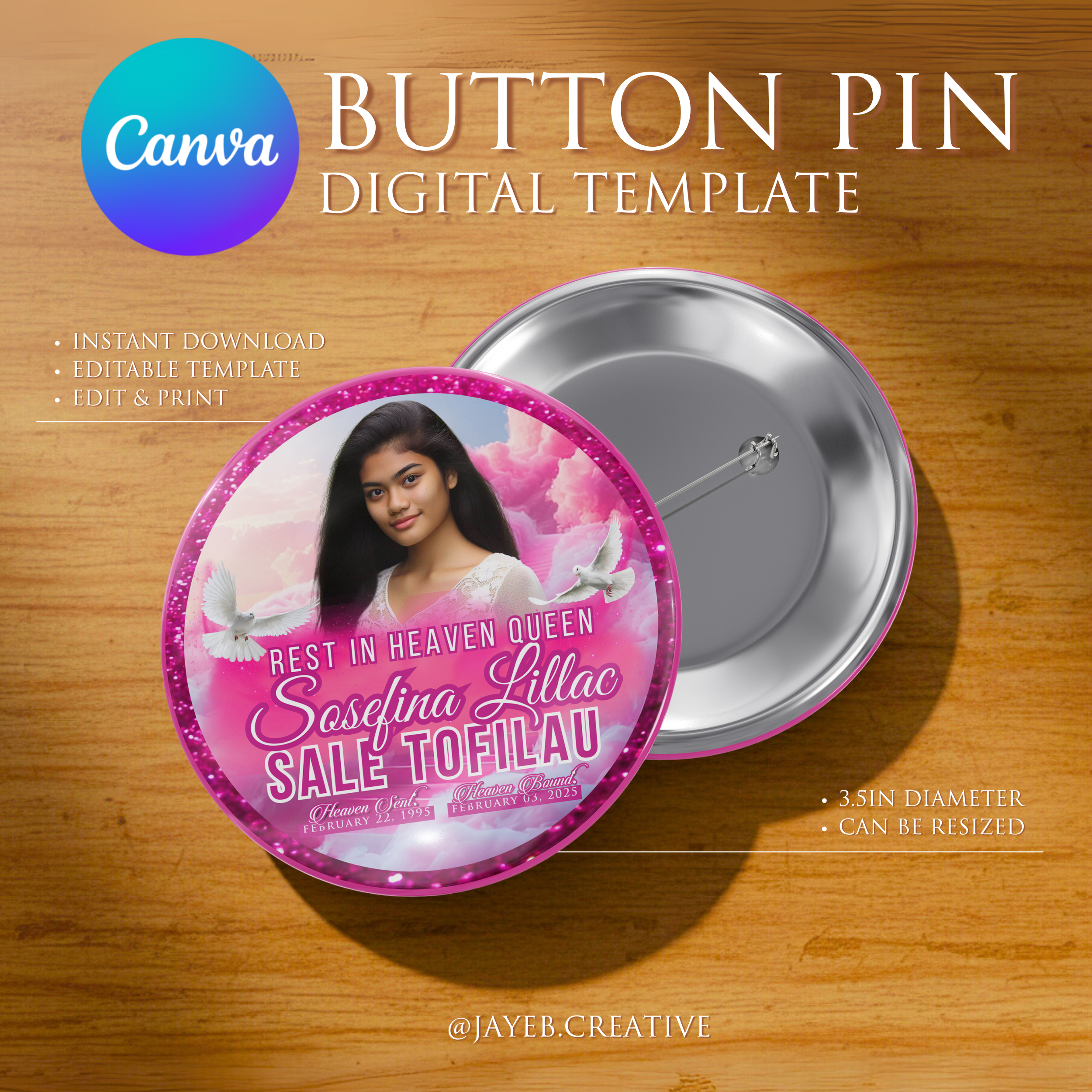 Memorial Button Template – Pink Glitter Design | Canva Digital Download